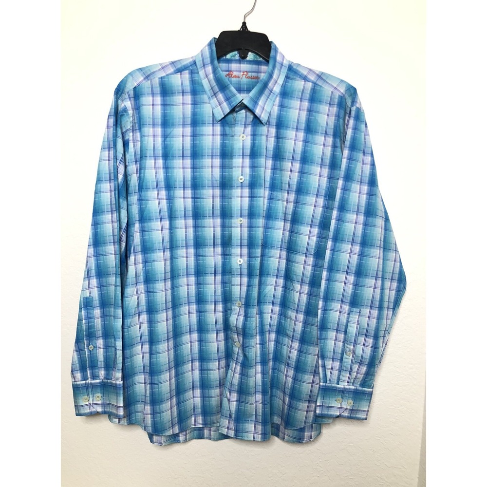 Alan Flusser Shirt L/S Button Down Cotton Plaid Turquoise/ White